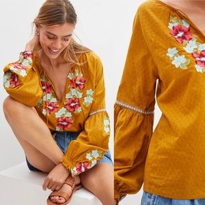 Anthropologie Mustard Floral Embroidered Blouse